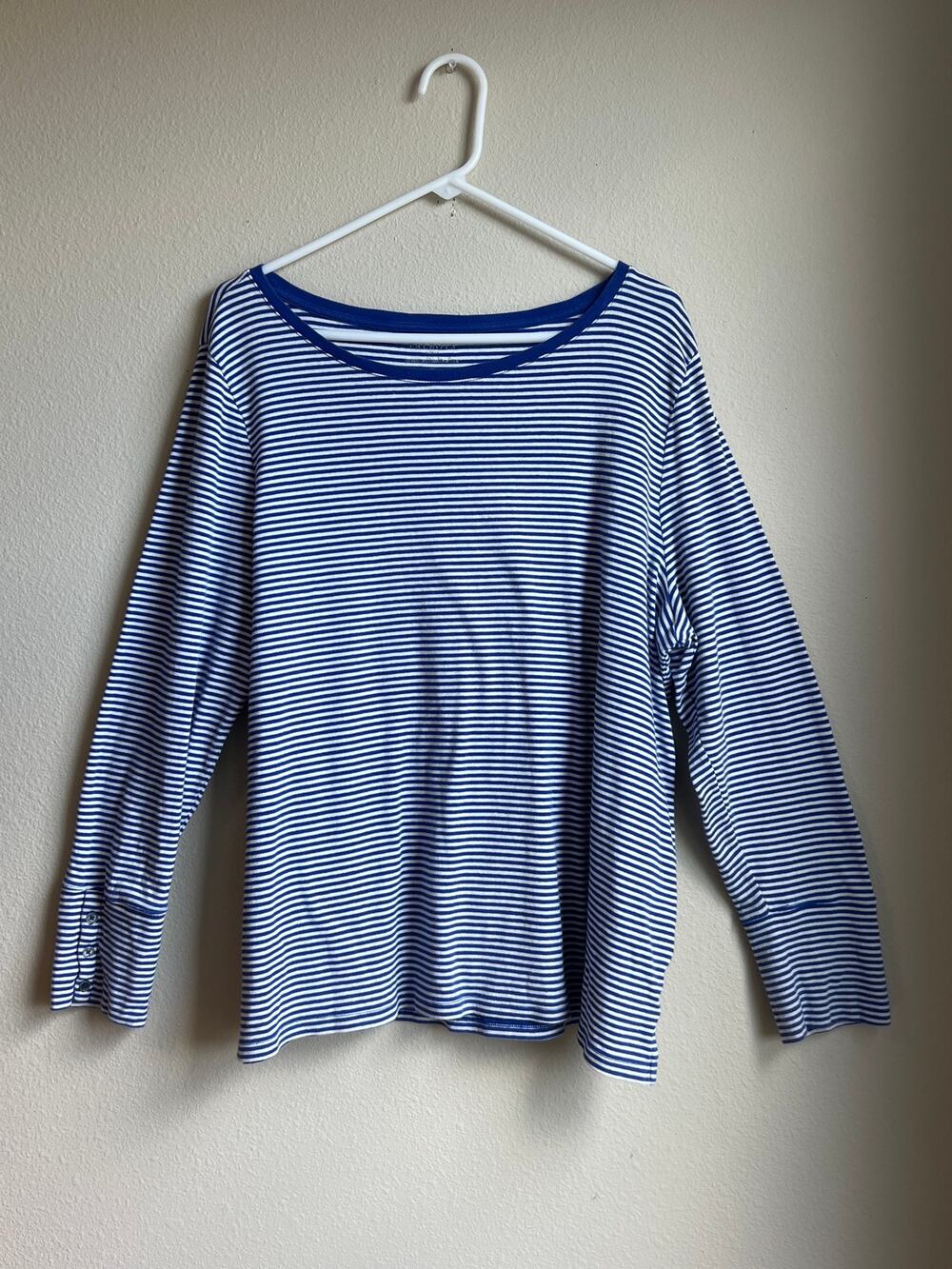 Talbots Woman Blue White Striped Button-Detail Long Sleeve Knit Top Size 3X
